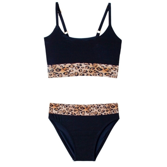PQ Girl's 2Pc Leopard Animal Print Belted Bikini Swimsuit Set Size 10 Black New - Picture 1 of 7